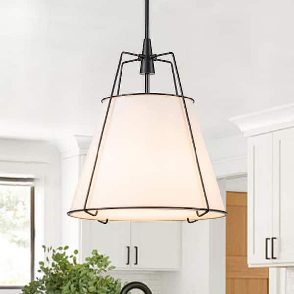 Haven 4-Light 15 in.W Matte Black Modern Farmhouse Drum Pendant Light with Fabric for Kitchen
