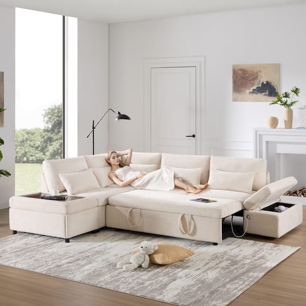 Luxury Collection 107 in. Chenille Light Khaki Twin Size Modular Sofa Bed with Storage Ottoman and Charging Station