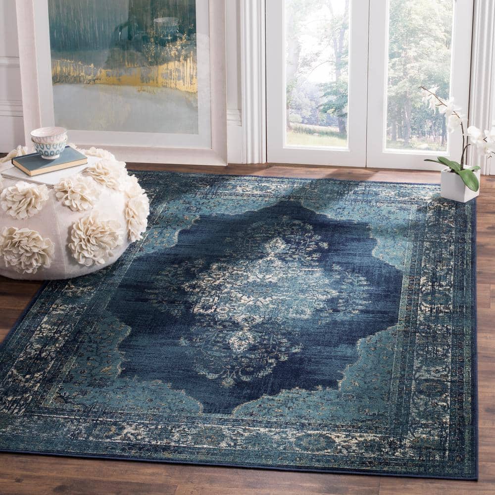 Navy Medallion Silky-Feel Rectangular Viscose Rug, 5'3" x 7'6"