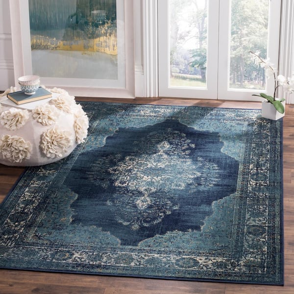 Vintage Navy 5 ft. x 8 ft. Border Area Rug