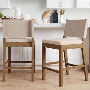 Linus 36 in. Modern Upholstered Counter Height Bar Stool with Back, Natural Flax/Brown, Set of 2