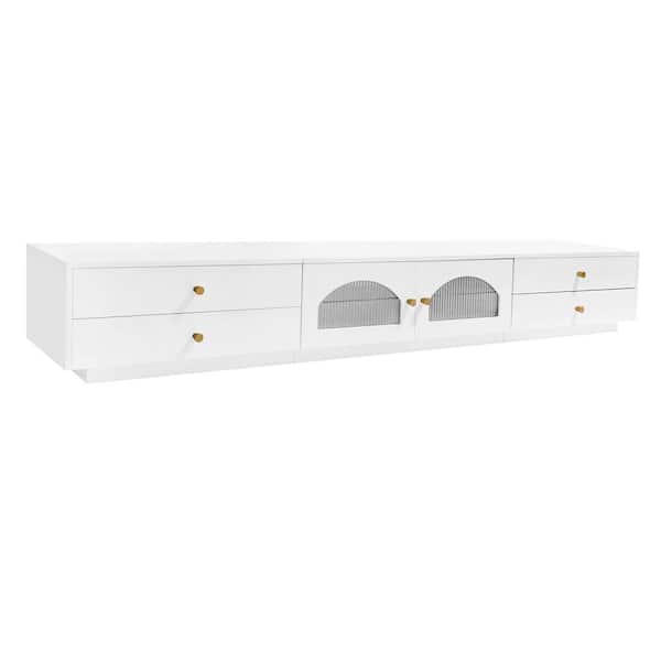 Polibi White TV Stand Fits TV's up to 90 in. with Fluted Glass Doors, Media Console and Storage