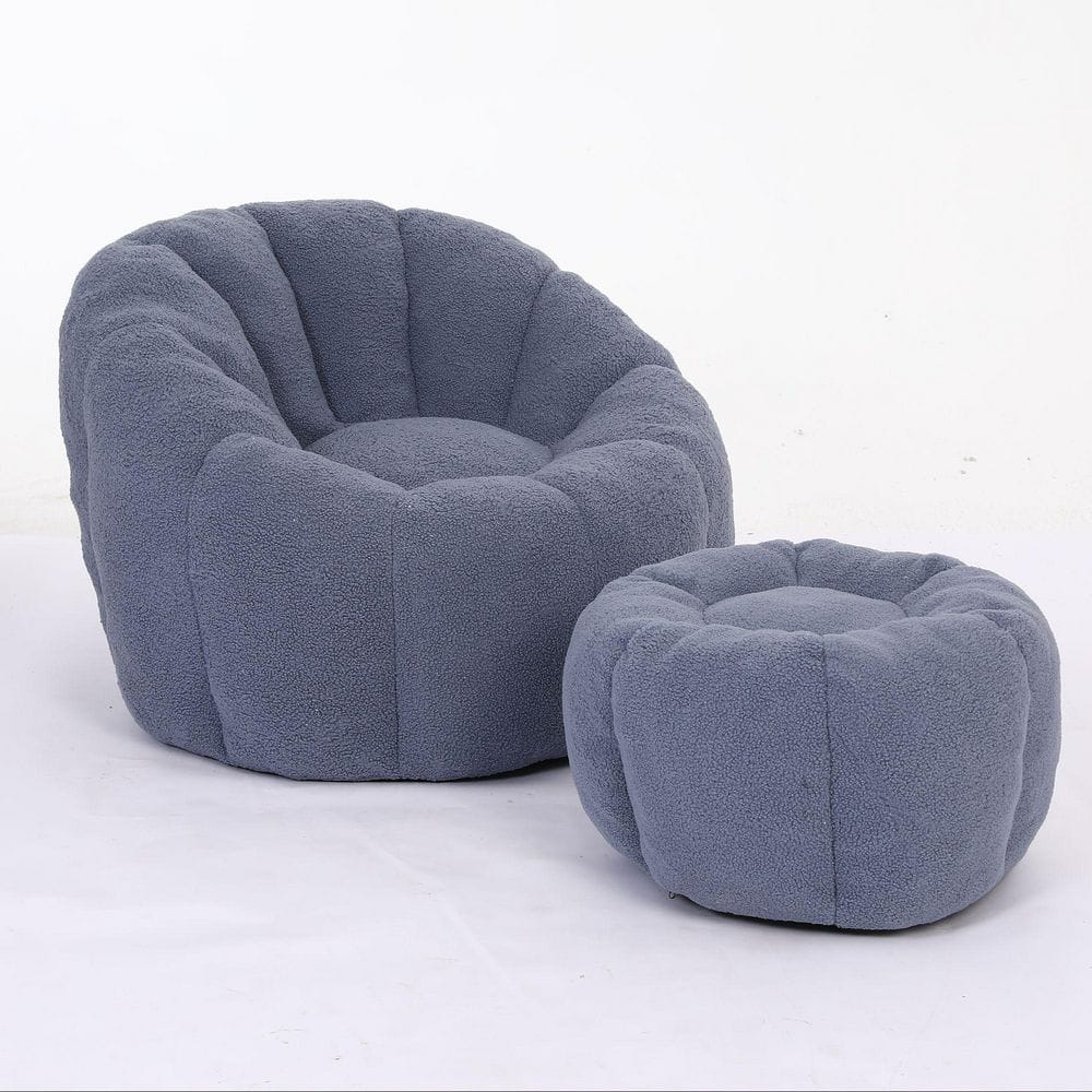Light Blue Faux Fur Teddy Bean Bag Chair with Pumpkin Ottoman and Armrests, No Assembly Required