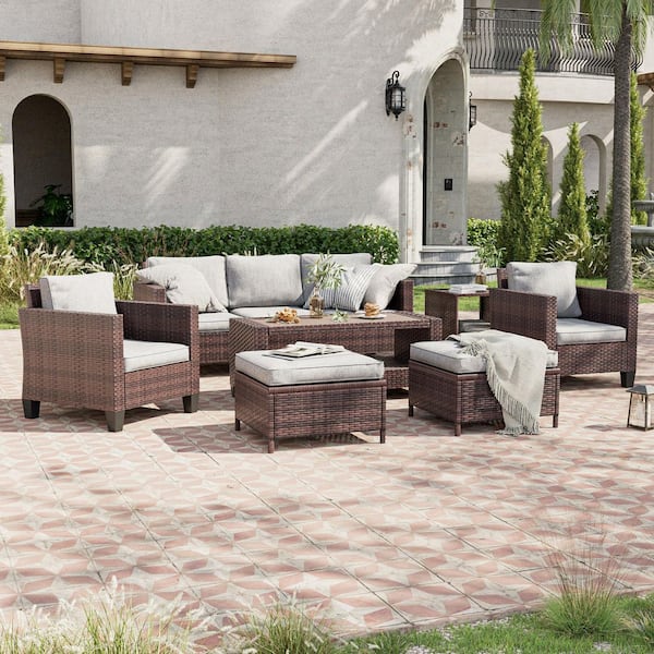 7-Piece Brown Wicker Outdoor Conversation Seating Sofa Set with Coffee Table, Linen Grey Cushions