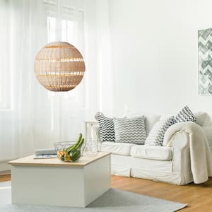 1-Light White Pendant with Natural Woven Twine Shade and Designer White Cloth Cord, Vintage Incandescent Bulb Included