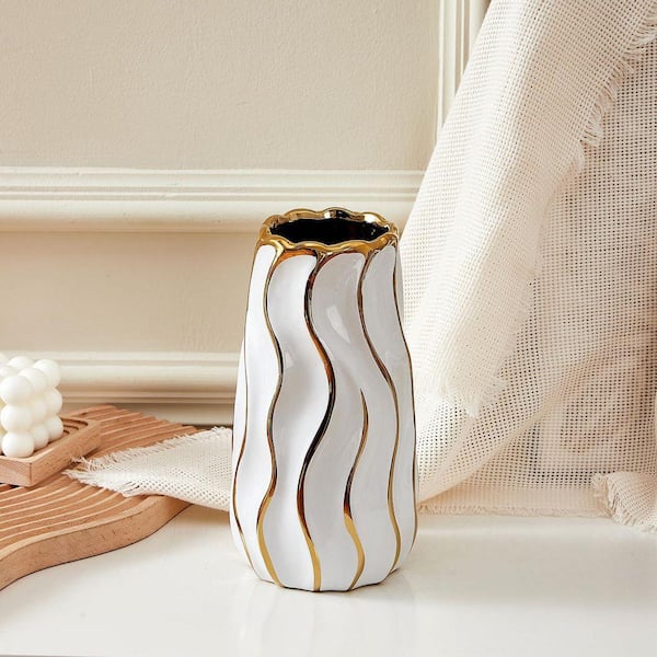 9 in. Vertical Stripe White Ceramic Cylinder Bottle Decorative