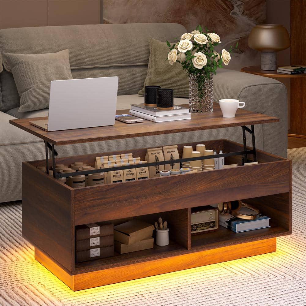 40.16 in. Walnut Rectangle Wood Lift Top Coffee Table with RGB LED Light Hidden Compartment Open Shelves