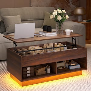 40.16 in. Walnut Rectangle Wood Lift Top Coffee Table with RGB LED Light, Hidden Compartment, Open Shelves