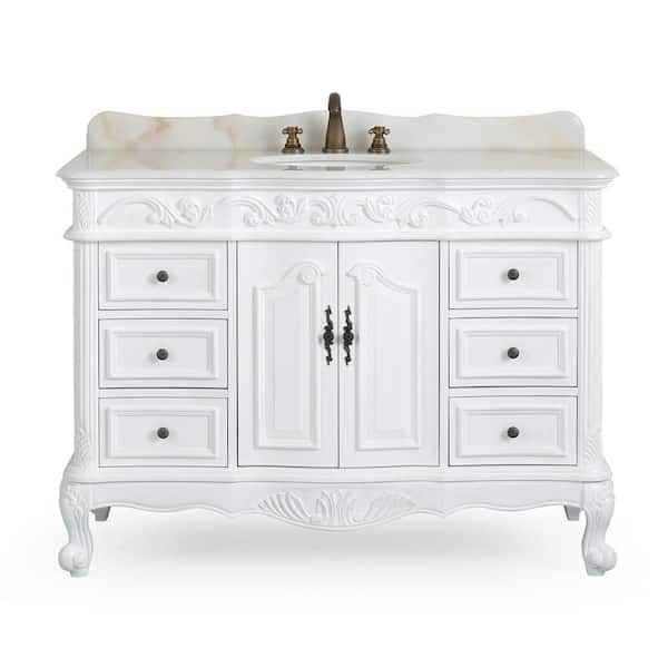Beckham 42 in. W x 22 in. D x 36 in. H Bathroom Vanity in Antique White with Single Sink White Marble Top and Mirror