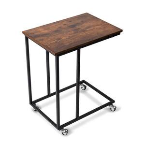 Industrial Rustic Brown Side Table with Sturdy Metal Frame, C Shaped with Casters