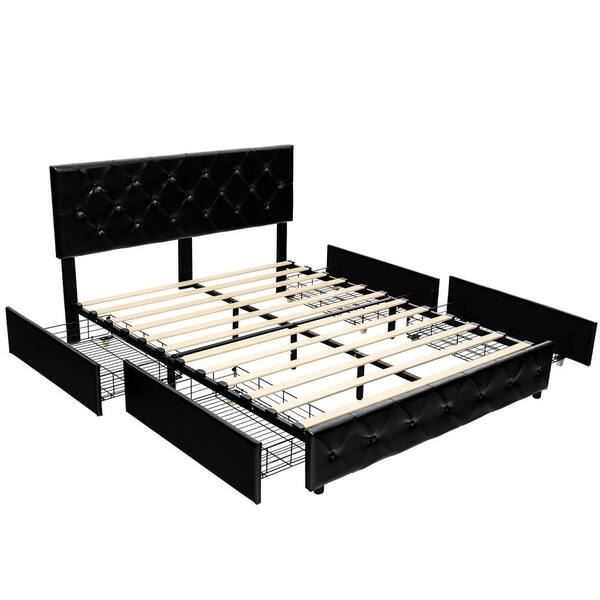 Costway 65 in. W Black Queen Upholstered Platform Bed with 4-Drawers PU Leather Button Tufted Headboard
