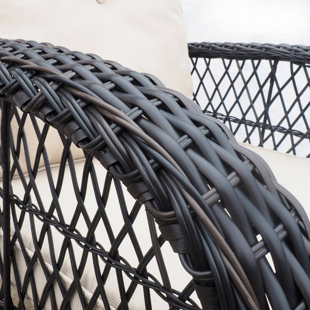 3-Piece Black Steel and Beige Wicker Rocking Patio Set with Cushions