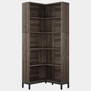 Eulas 70.9 in. Tall Dark Grey Wood 5-Shelf Corner Bookcase, 5-Tier L-Shaped Display Shelves for Living Room