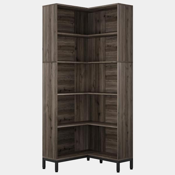 BYBLIGHT Eulas 70.9 in. Tall Dark Grey Wood 5-Shelf Corner Bookcase, 5-Tier L-Shaped Display Shelves for Living Room