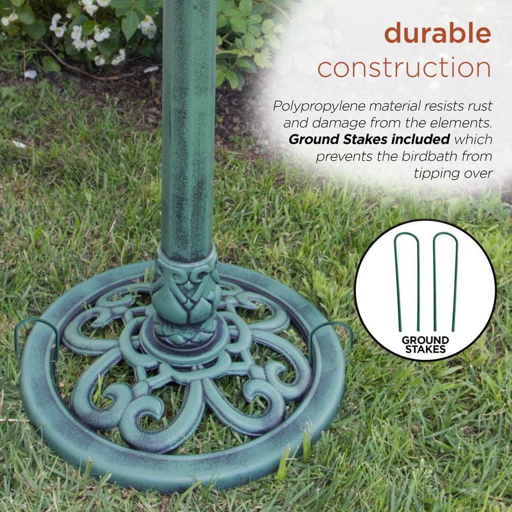 Green Plastic Scrollwork Bird Bath with Stand