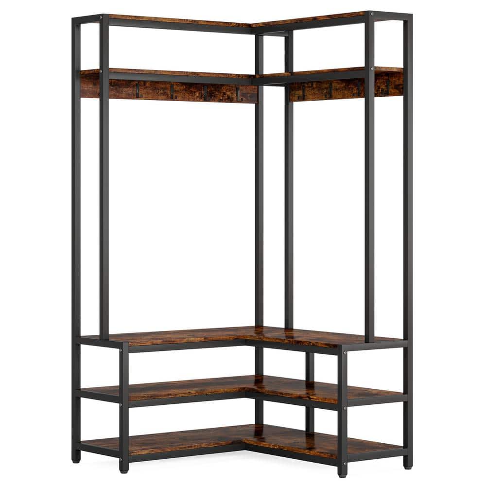 TRIBESIGNS WAY TO ORIGIN Billie Vintage Brown Wood and Metal Corner Hall Tree with Shoe Storage