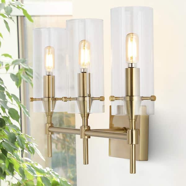 JONATHAN Y Cato 21.25 in. 3-Light Brass Gold/Clear Modern Minimalist Iron/Glass LED Vanity Light