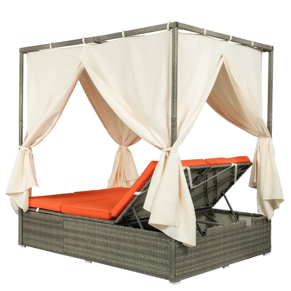 Wicker Outdoor 2-Person Reclining Day Bed with Orange Cushions, Canopy price history on PriceWatchPro