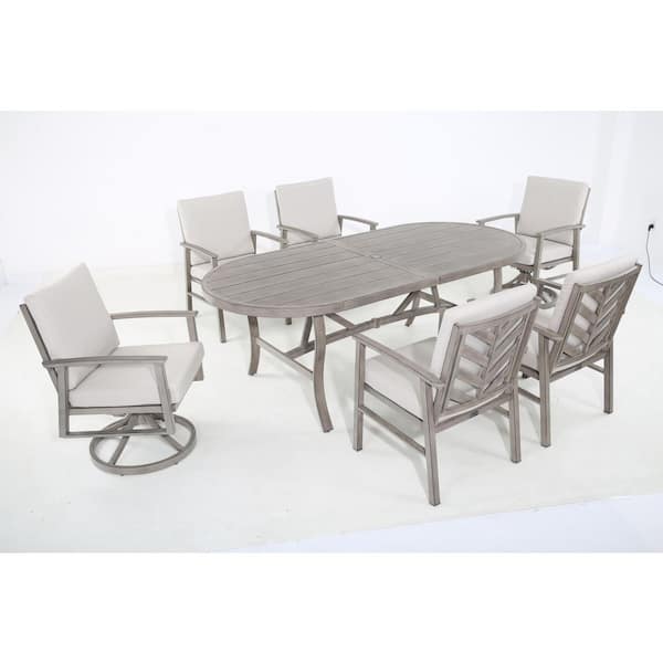 Amario 7-Piece Aluminum Outdoor Dining Set with Cast Silver Cushion, 6 Dining Chairs and Oval Dining Table