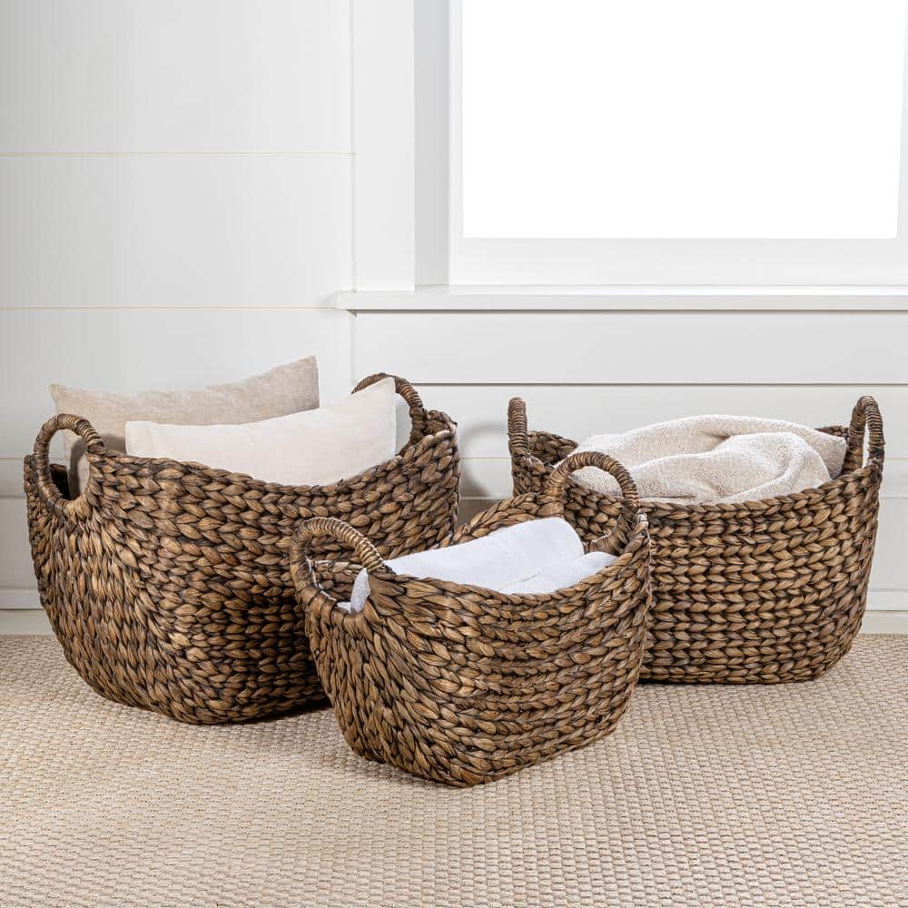 Nellie Brown Handwoven Hyacinth Boat Storage Baskets with Handles, Set of 3