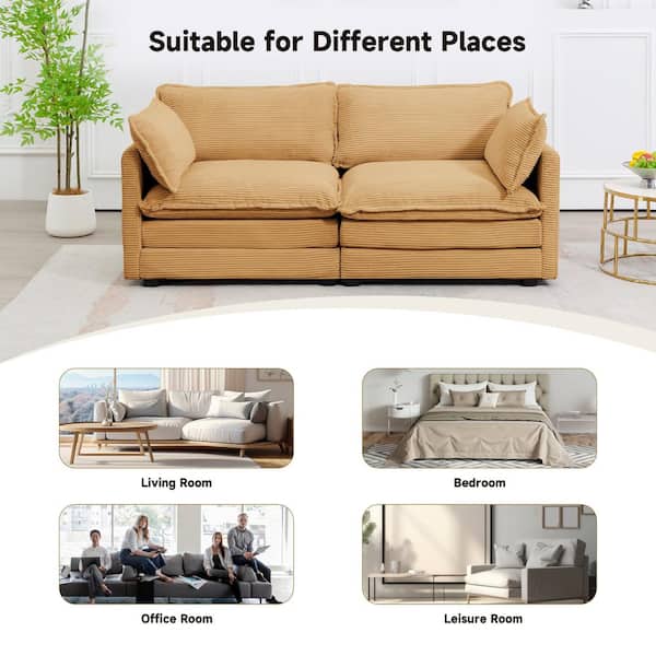 Modern Yellow Corduroy Loveseat with Two Pillows for Living