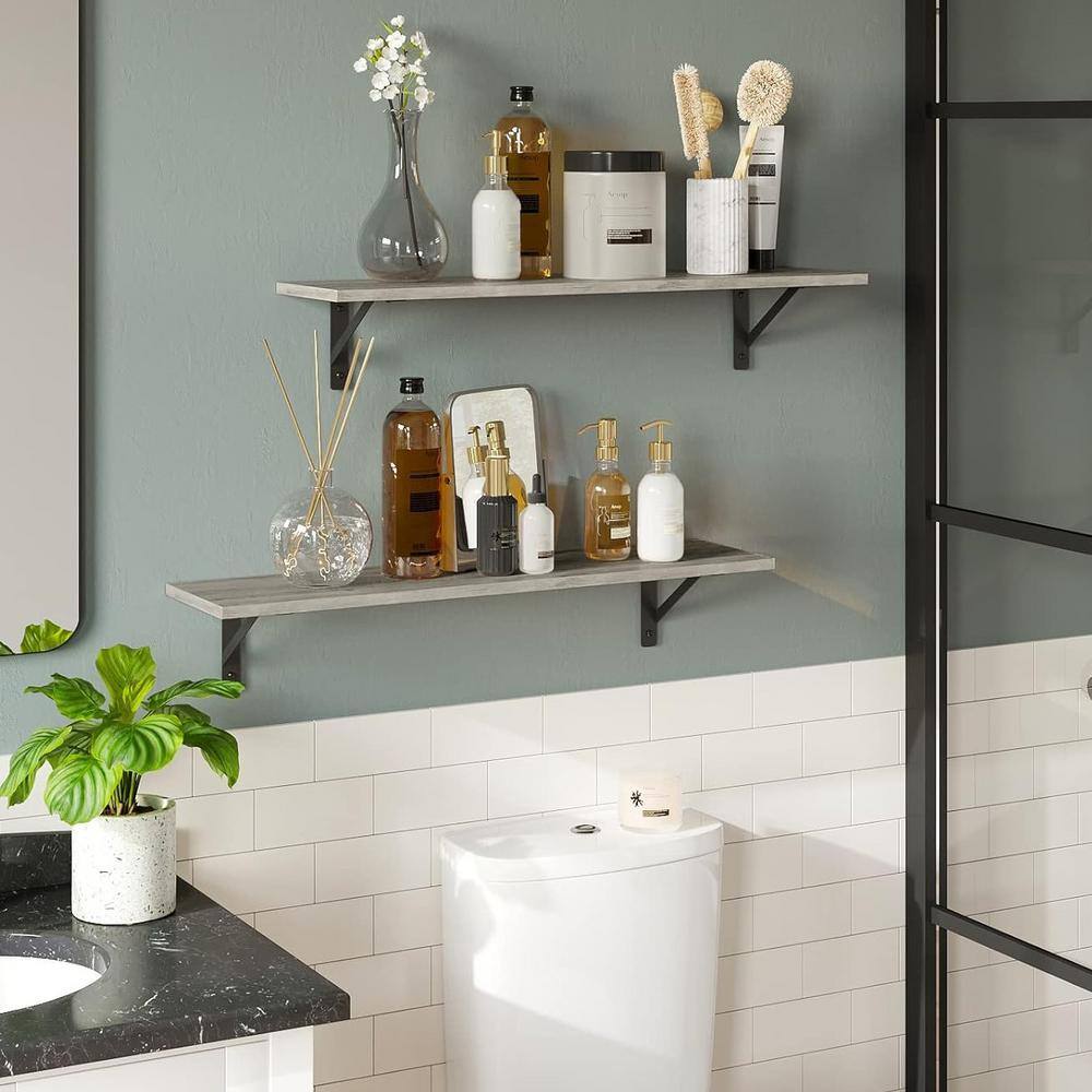 31.5 Inch Gray Particleboard Wall Shelves with Black Metal Brackets, Set of 2
