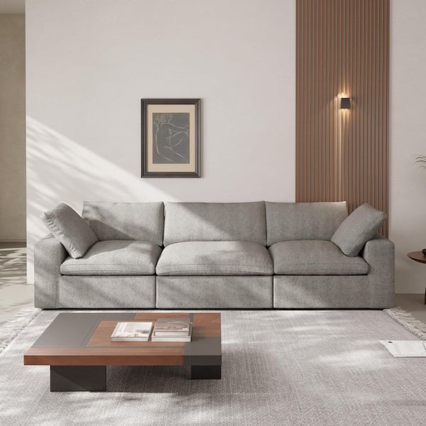 Unbranded Modular 120.45 in. Deep Seat Linen Rectangle Sectional Sofa with Removable Covers and Cushions in. Gray 3-Seater