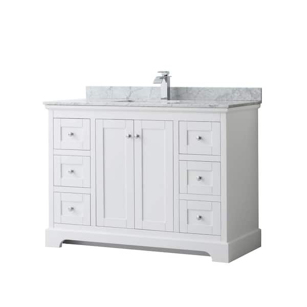 Wyndham Collection Avery 48 in. W x 22 in. D Bathroom Vanity in White with Marble Vanity Top in White Carrara with White Basin