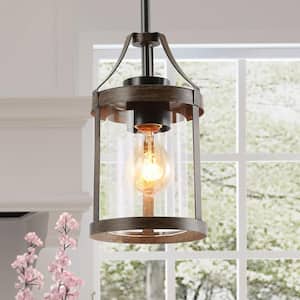 Modern Farmhouse Brown 6 in. W 1-Light Pendant Light Rustic Faux Wood Accent Pendant Chandelier with Clear Glass Shade