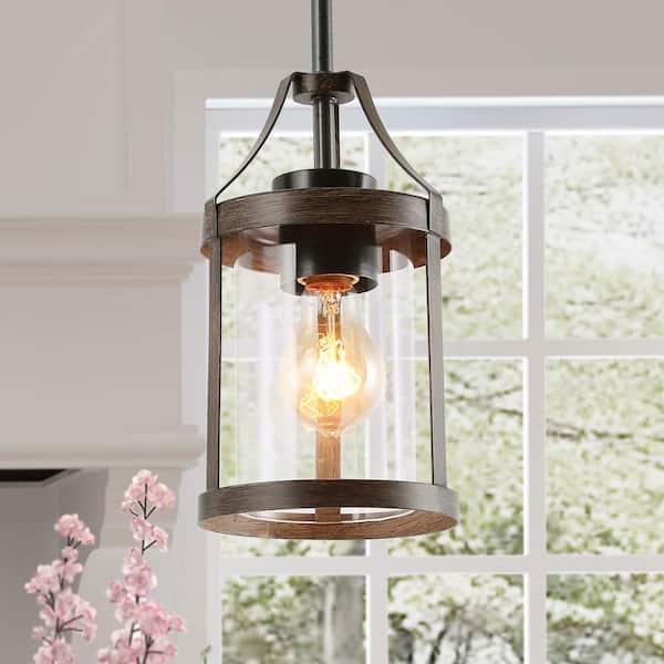 LNC Modern Farmhouse Brown 6 in. W 1-Light Pendant Light Rustic Faux Wood Accent Pendant Chandelier with Clear Glass Shade