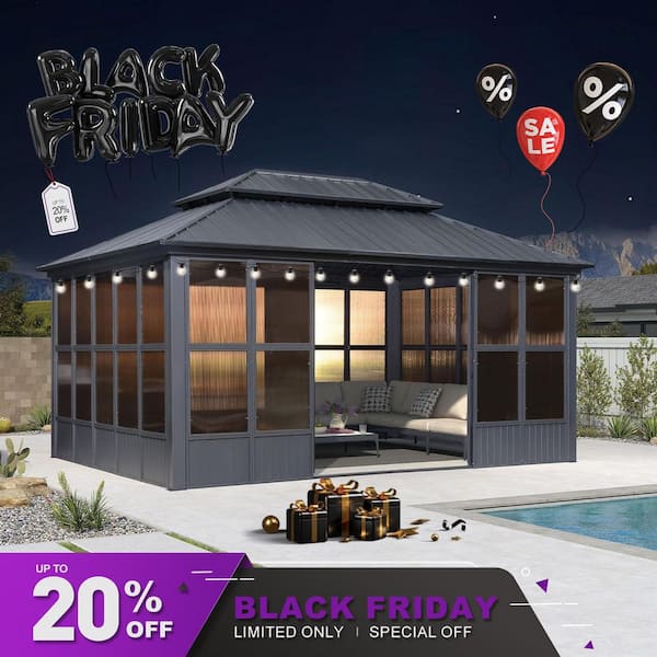 PURPLE LEAF Hardtop Gazebo 12 ft. x 16 ft. Gray Aluminum Sunroom Gazebo with Double Top, Mesh Screens & 24 Lights