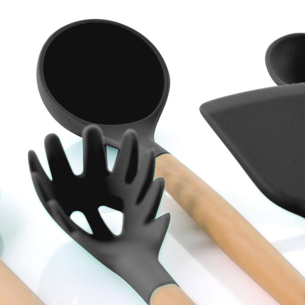 Gray Silicone and Wood 9-Piece Cooking Utensil Set
