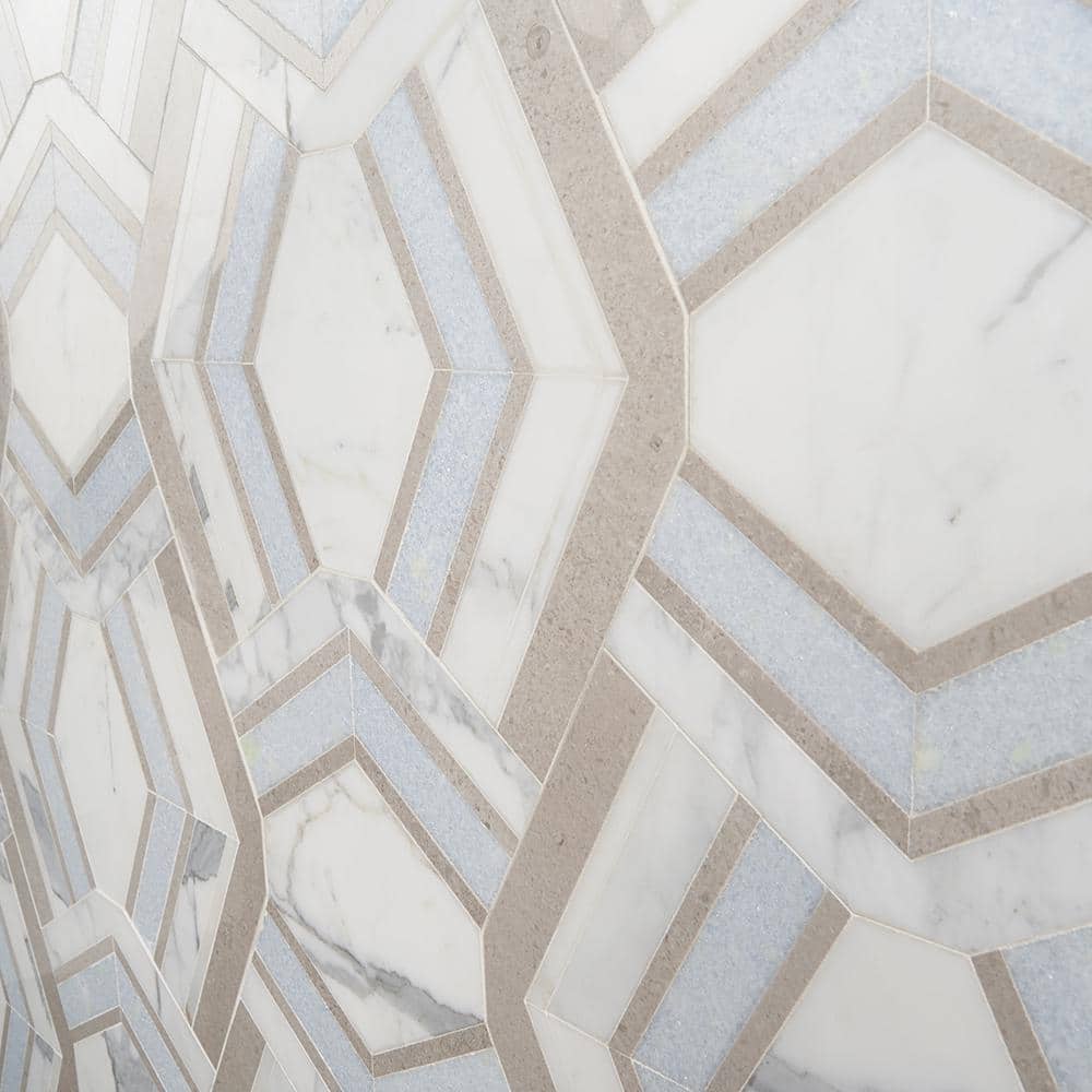 Cream and Blue Geometric Polished Marble Mosaic Tile 11x18