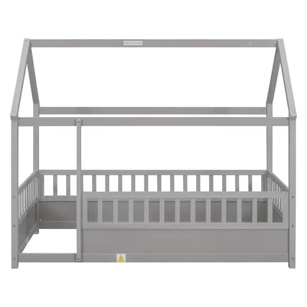 Harper & Bright Designs Gray Wood Twin Size House Platform Bed with Roof Frame, Full-Length Fence Guardrails