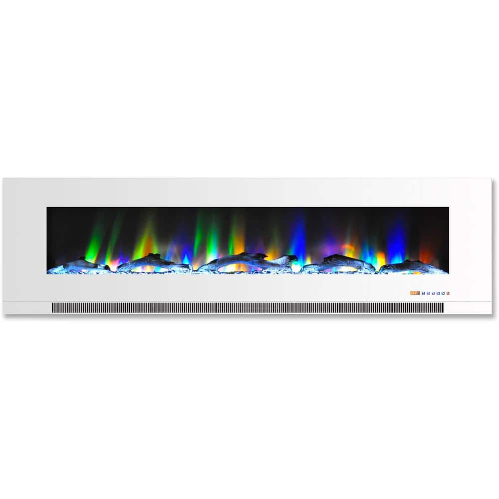 Cambridge 60 in. Wall-Mount Electric Fireplace in White with Multi-Color Flames and Driftwood Log Display