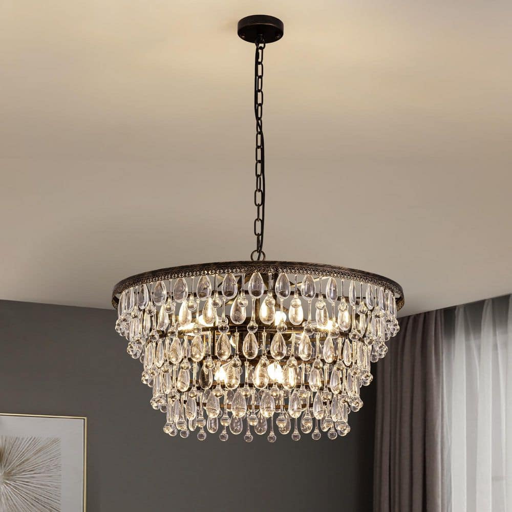 WDETR 27 in. Black 9-Light Crystal Rustic Chandelier with Remote