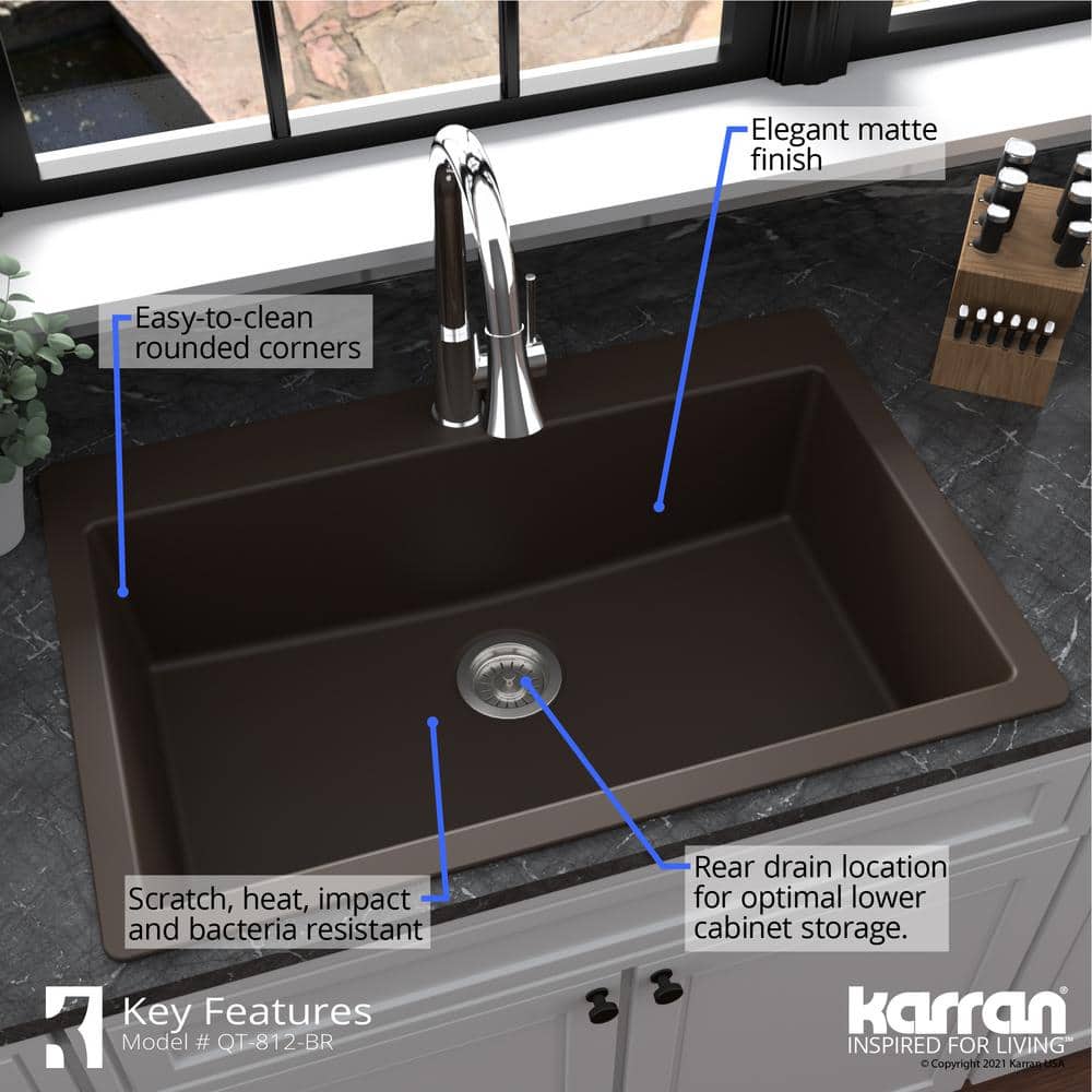 Brown Quartz 33'' Single Bowl Drop-in Kitchen Sink