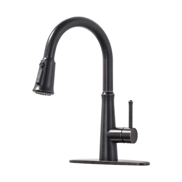 VEVETTA Oil Rubbed Bronze 15 in. H Single Handle Pull Down Sprayer Kitchen Faucet with 360° Spout Swivel and 3-Spray Mode