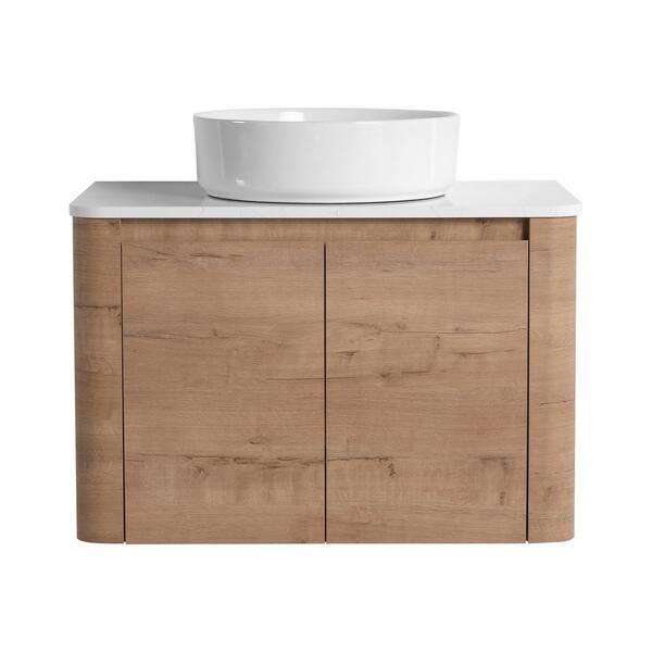 30 in. Wall-Mounted Imitative Oak Bath Vanity with White Engineered Stone Top Unassembled