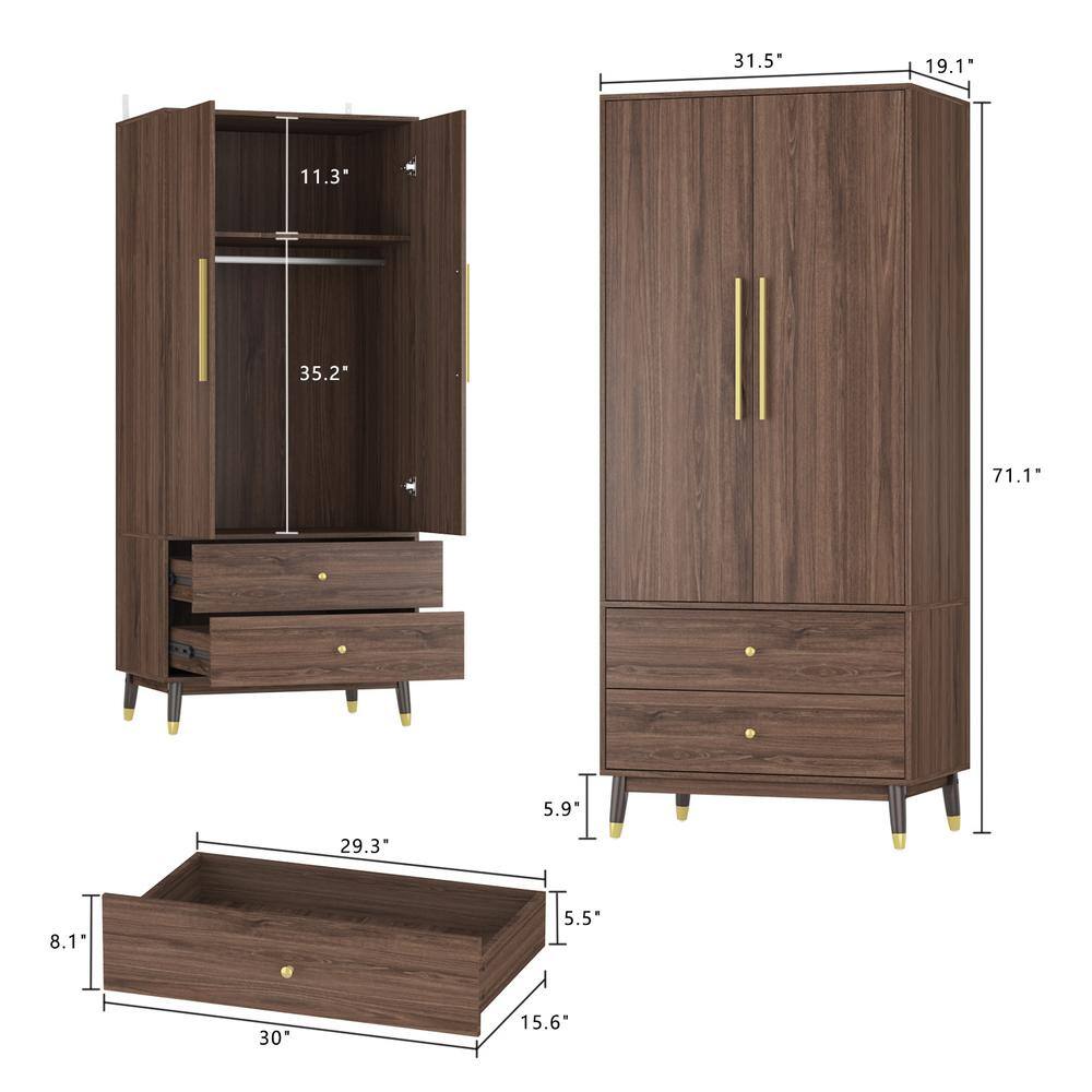 Brown Armoire with 2-Drawers, Hanging Rod and Gold Metal Handles (71.1 in. H x 19.1 in. W x 31.5 in. D) - thumbnail 9