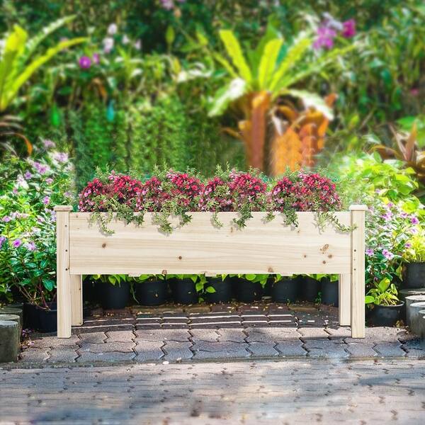 Outdoor Wood Planter Elevated Garden Bed Raised Planter Box Kit with 4 Holes for Backyard Patio