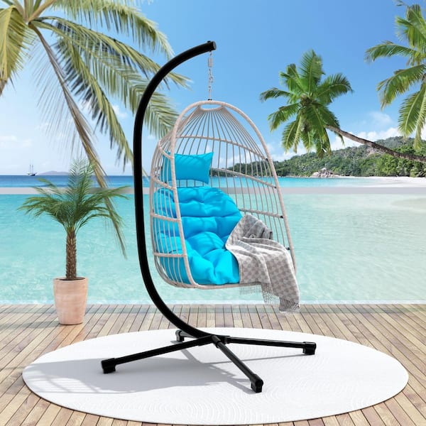 Wicker Outdoor Patio Swing Egg Hanging Chair with Blue Cushion