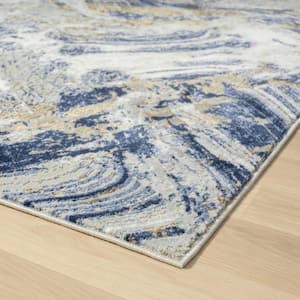 Marble Collection Blue 2x7 Artistic Abstract Polypropylene Area Rug