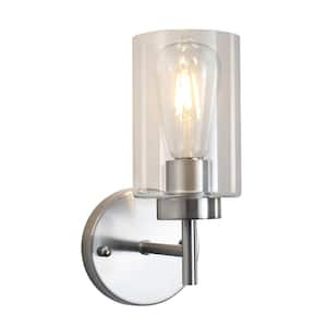 7.4 in. 1-Light Brushed Nickel Modern Dimmable Wall Sconce Bathroom Vanity-Light with Clear Glass Shade