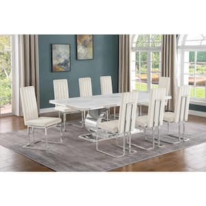Ibraim 9-Piece Rectangle White Marble Top Stainless Steel Base Dining Set with 8 Cream Velvet Chrome Iron Chairs