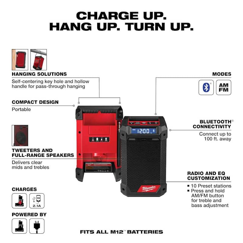 M12 12-Volt Lithium-Ion Cordless Bluetooth/AM/FM Jobsite Radio with Charger