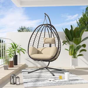 Outdoor Indoor Wicker Egg Swing Chair with Stand 350 lbs. Capacity Strong Frame Sand Cushions, Patio, Balcony, Bedroom