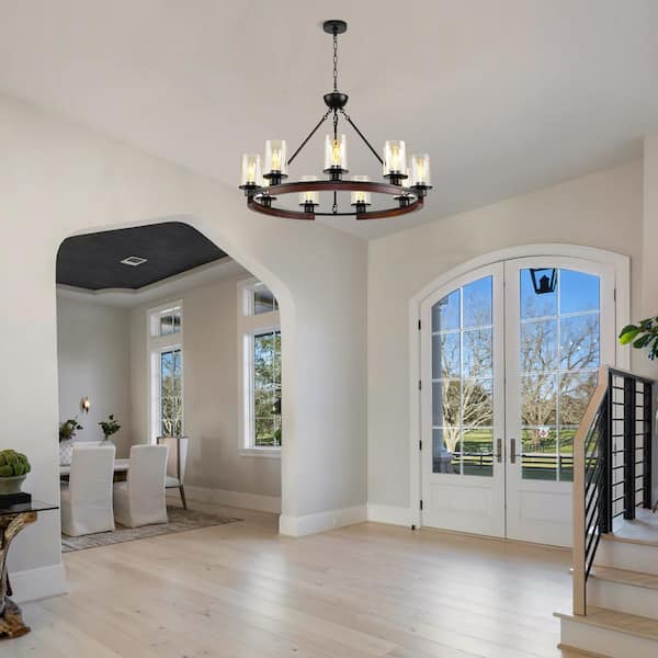 Farmhouse 9-Light Black Rustic Wagon Wheel Chandelier with Clear Glass for Dinning Room Kitchen Island