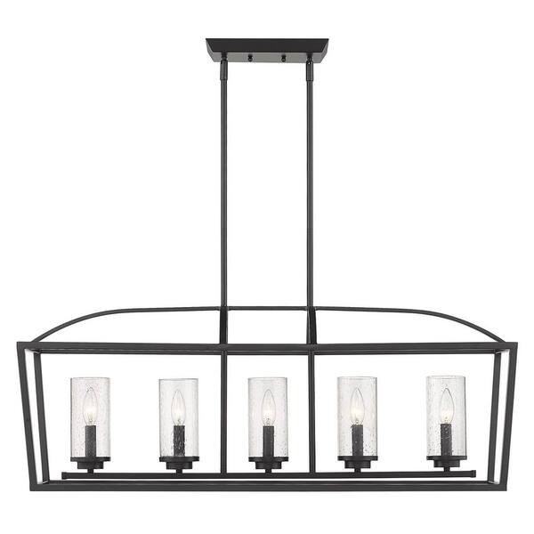 Golden Lighting - Mercer 5-Light Linear Pendant in Matte Black with Matte Black Accents and Seeded Glass