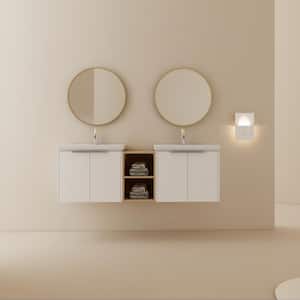 60 in. W x 18.5 in. D x 21 in. H Wall Mounted Double Sink Bath Vanity in White with White Ceramic Top, Soft Close Doors